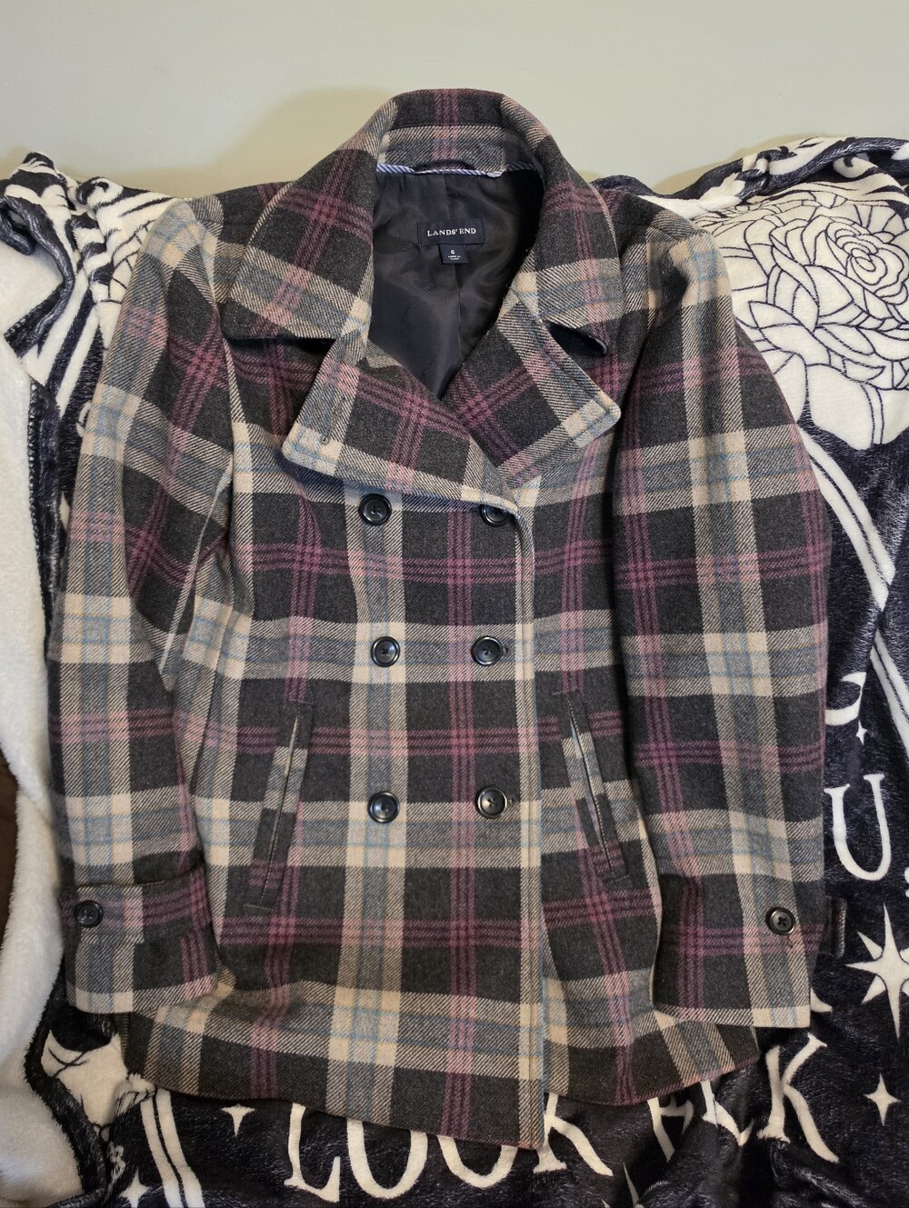 Lands' End Plaid Wool Blend Double Breasted Peacoat Size 6 Charcoal Berry